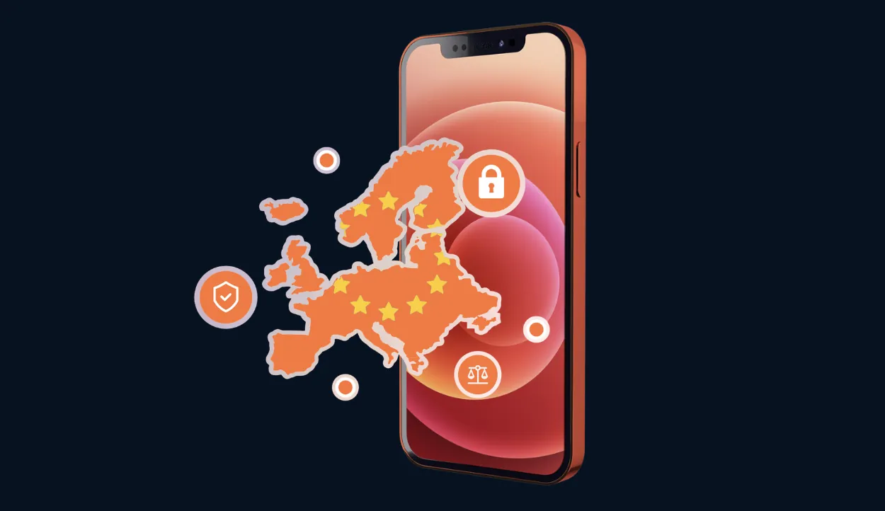 Smartphone overlaid with a map of Europe and icons for data security, protection and regulation