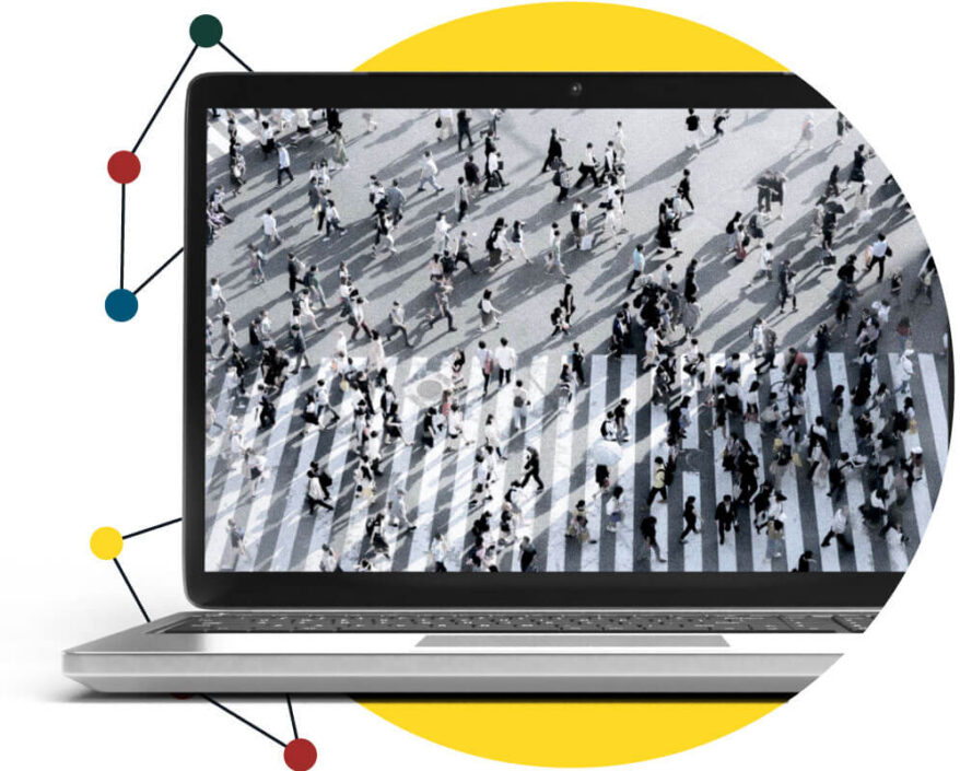 Laptop mockup with image of people crossing a busy crosswalk on a Roqad yellow, circular backgorund and identity graph accents in the background