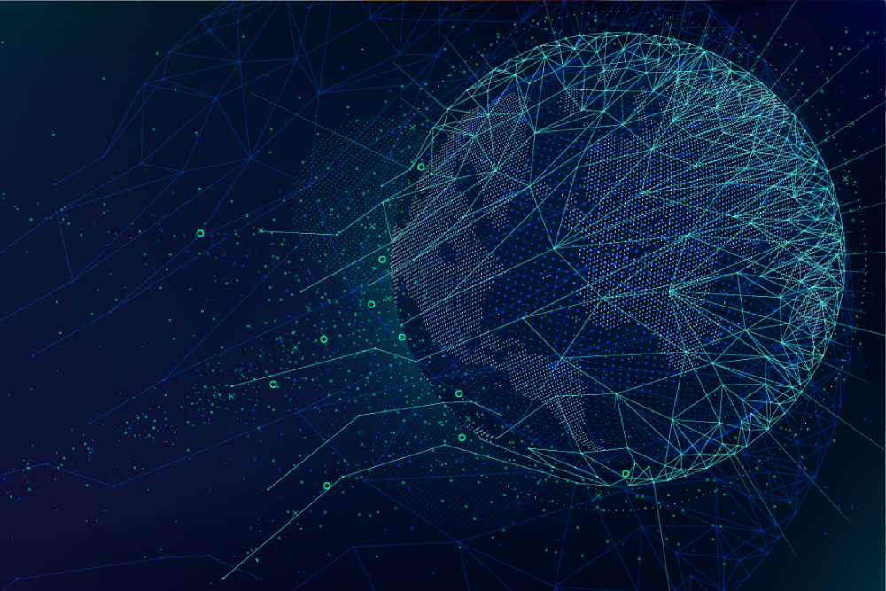 A conceptual image of a wireframe networked Earth